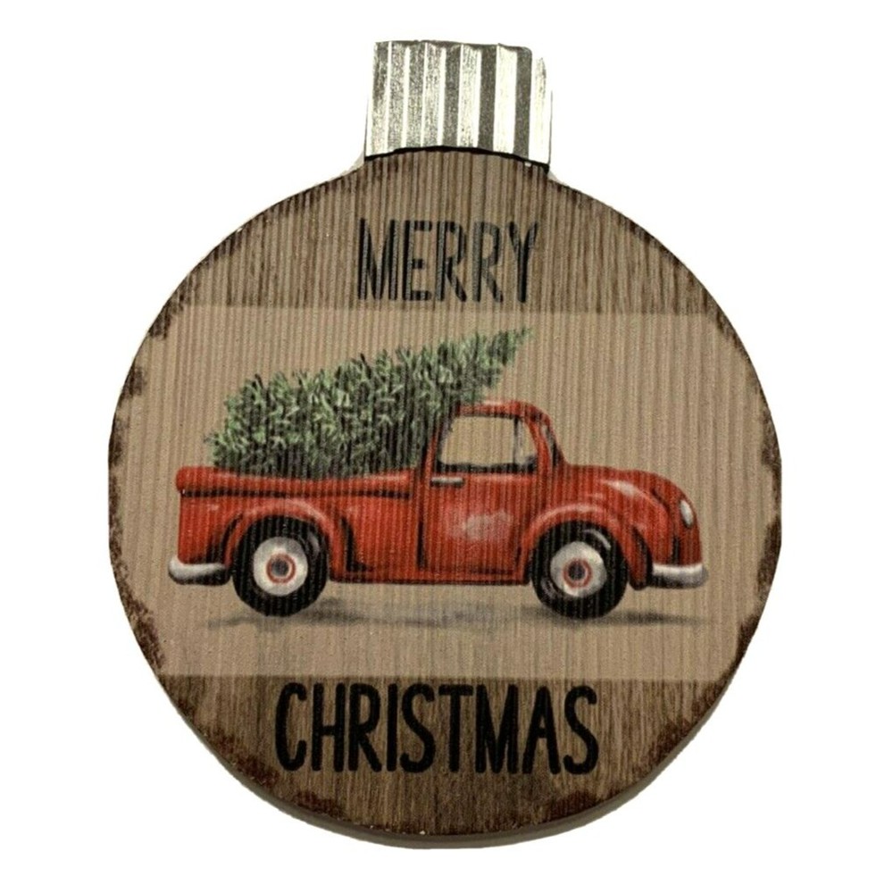 Red Truck w/ Christmas Tree Ornament Farmhouse Rustic Lodge Cabin Round Chunky